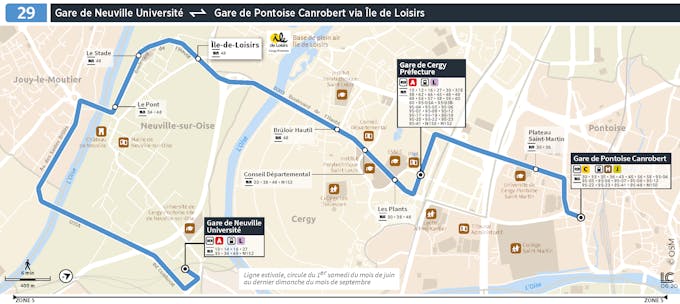 Plan de ligne de la ligne 29 Gare de Neuville Université vers Gare de Pontoise Canrobert