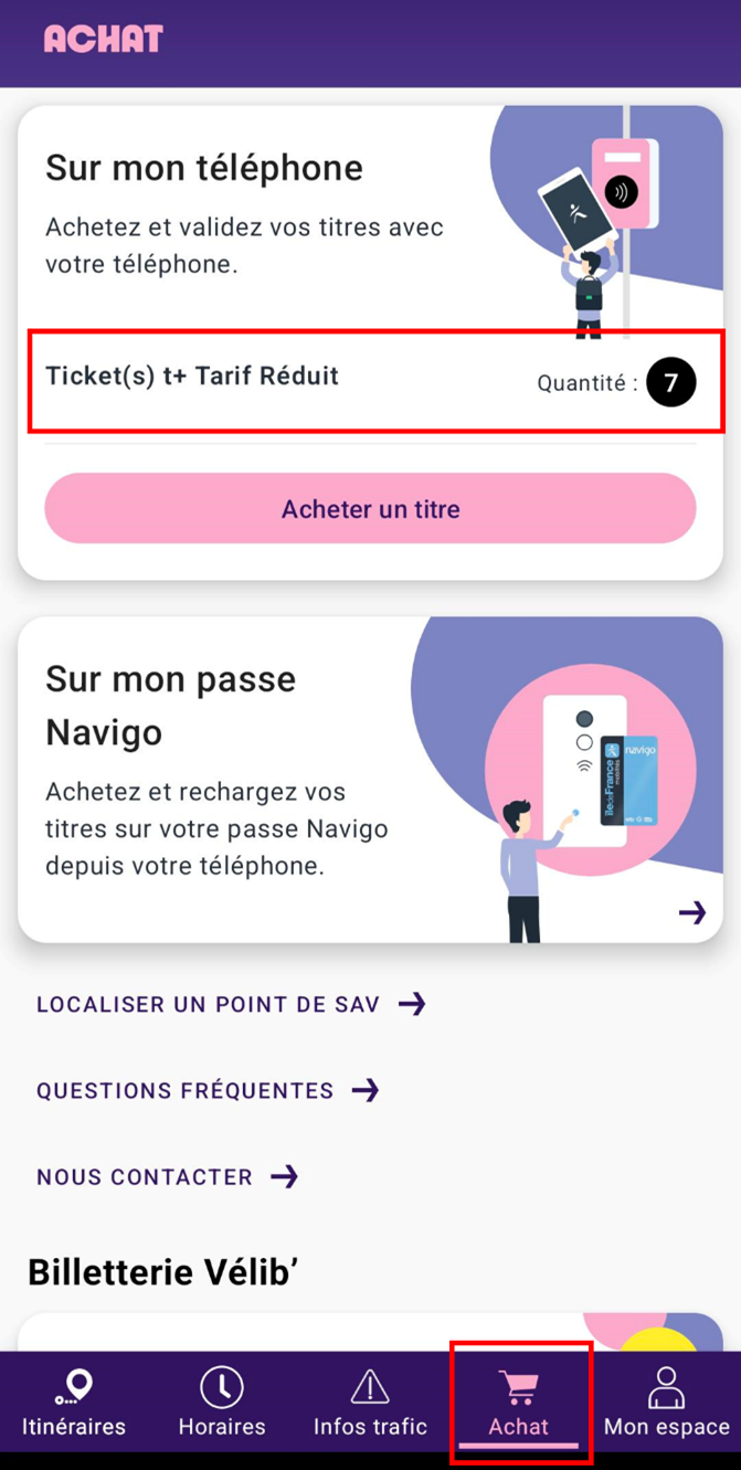 Le détail des titres achetés s'affiche dans l'onglet achat de l'application, en haut de l'écran dans l'encart intitulé sur mon téléphone ou sur mon iPhone en fonction du modèle choisi