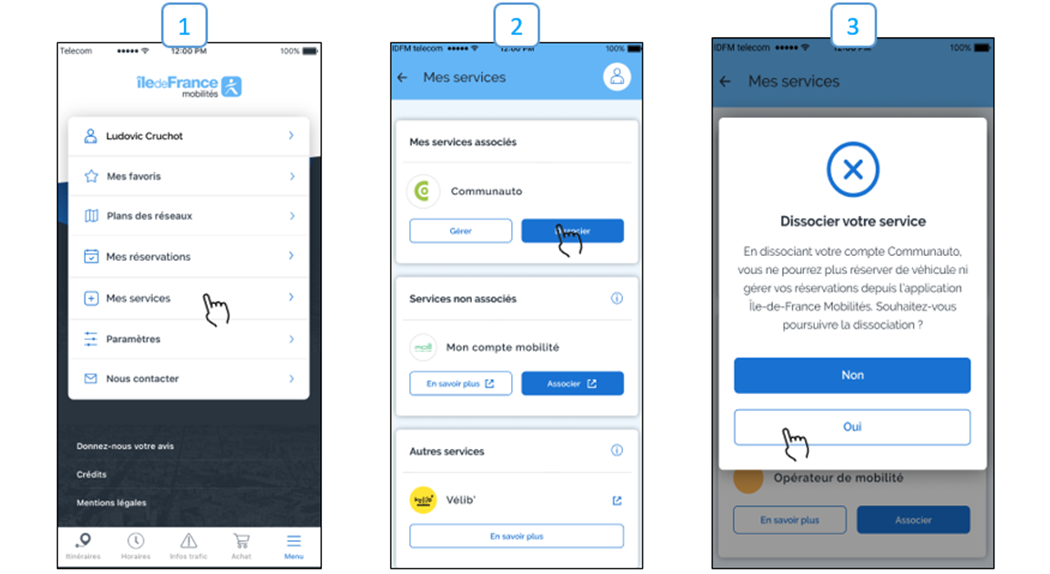 Présentation des étapes pour dissocier un compte Communauto de l’application Ile-de-France Mobilités.